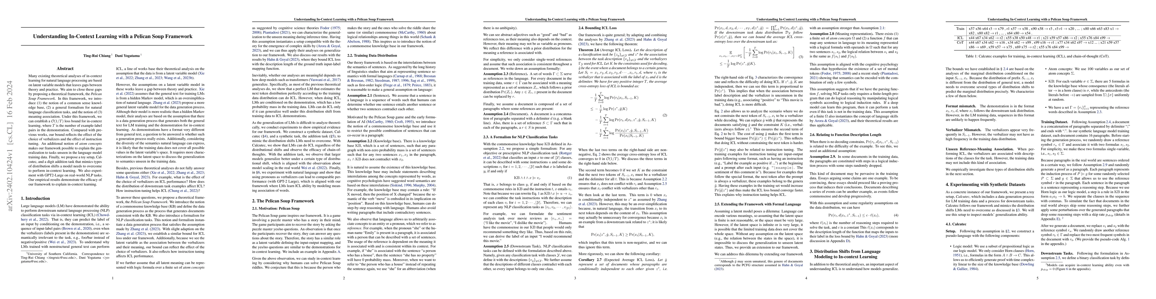 Thumbnail for Understanding In-Context Learning with a Pelican Soup Framework