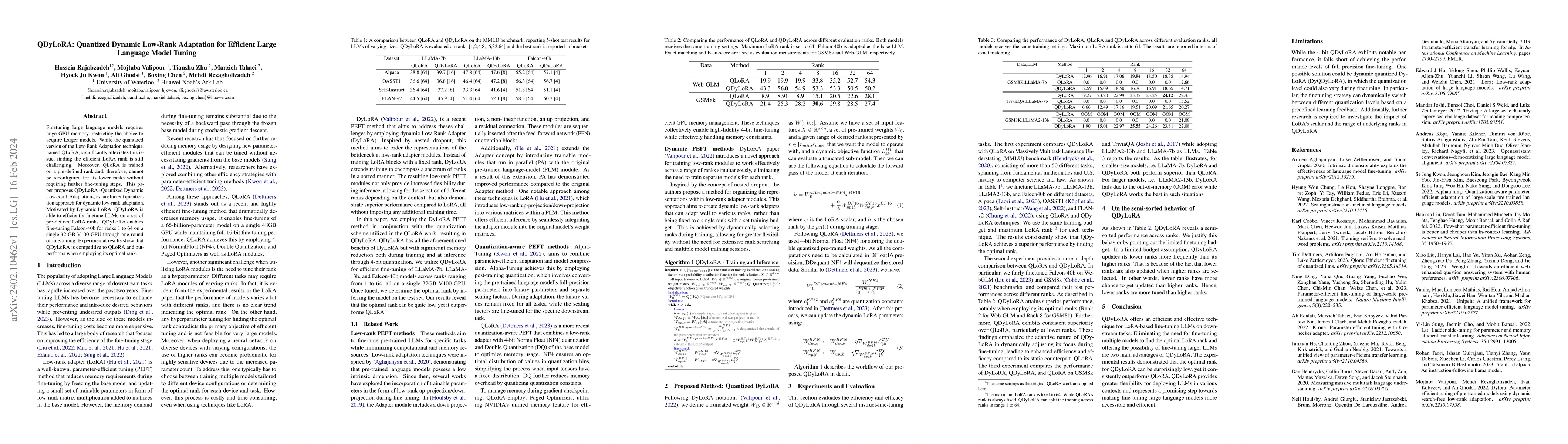 Thumbnail for QDyLoRA: Quantized Dynamic Low-Rank Adaptation for Efficient Large
  Language Model Tuning