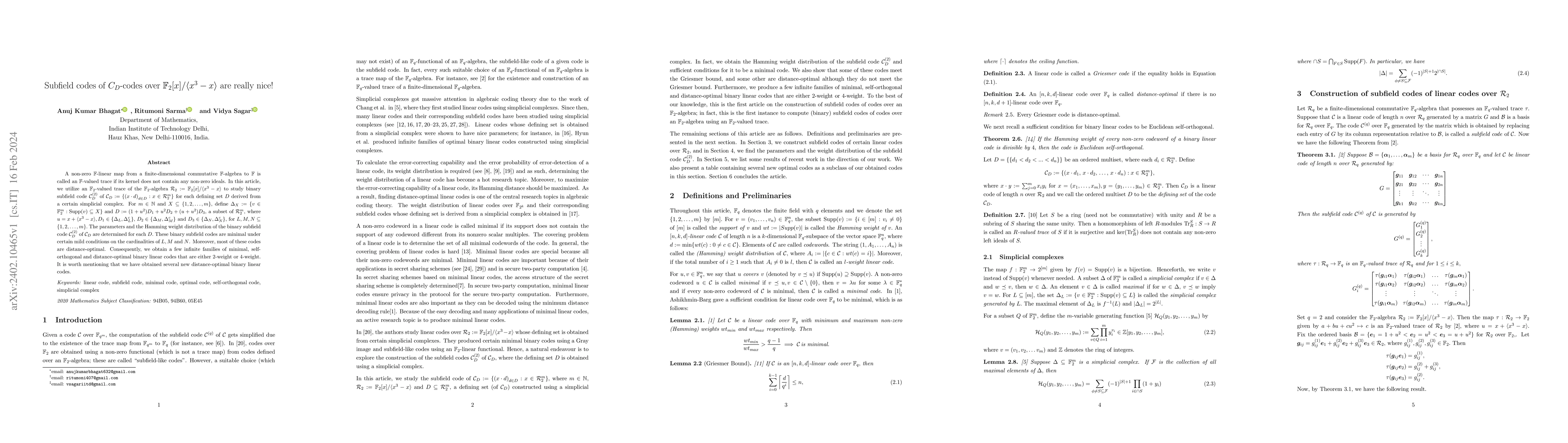 Thumbnail for Subfield codes of $C_D$-codes over $\mathbb{F}_2[x]/\langle x^3-x
  \rangle$ are really nice!
