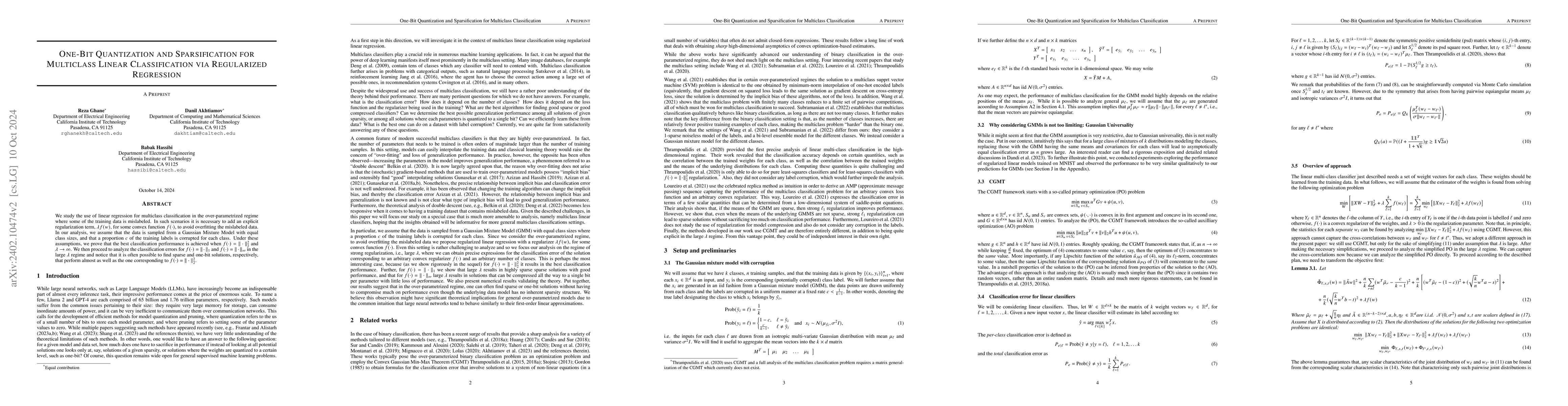 Thumbnail for One-Bit Quantization and Sparsification for Multiclass Linear
  Classification via Regularized Regression