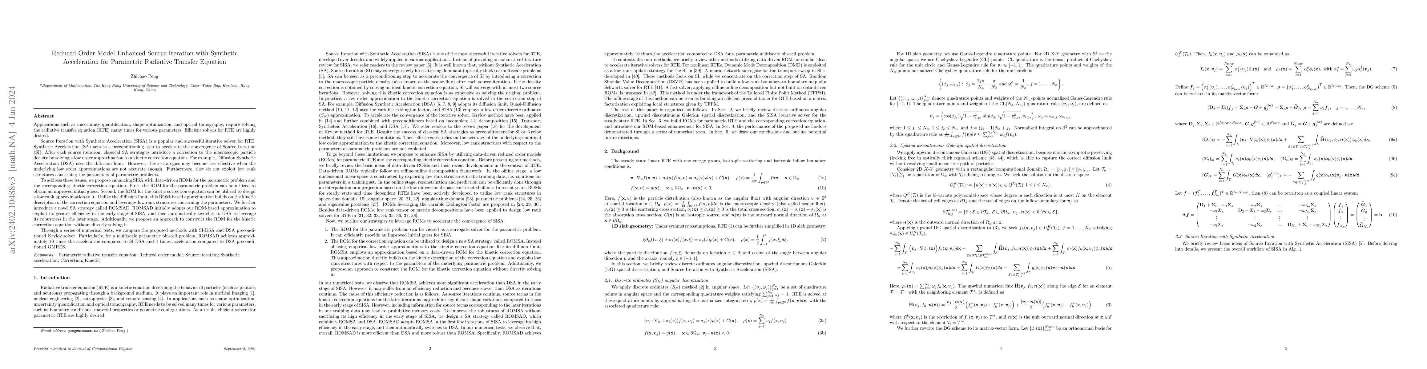 Thumbnail for Reduced Order Model Enhanced Source Iteration with Synthetic
  Acceleration for Parametric Radiative Transfer Equation