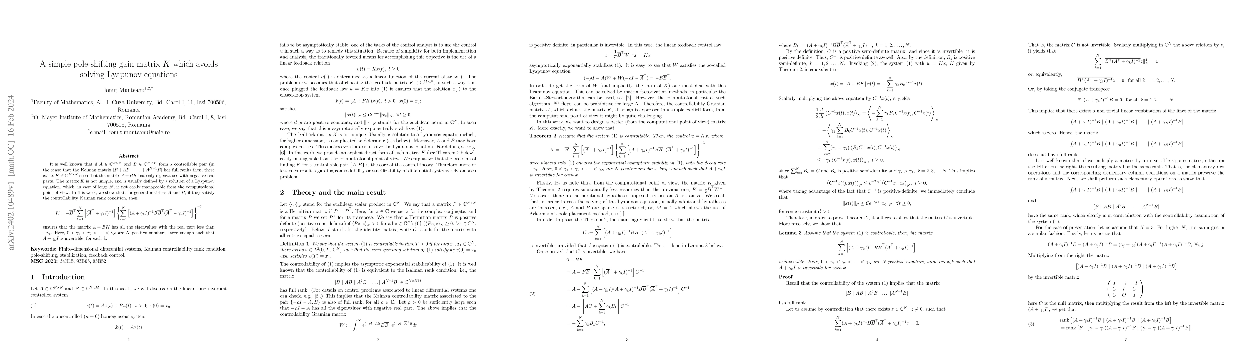 Thumbnail for A simple pole-shifting gain matrix $K$ which avoids solving Lyapunov
  equations
