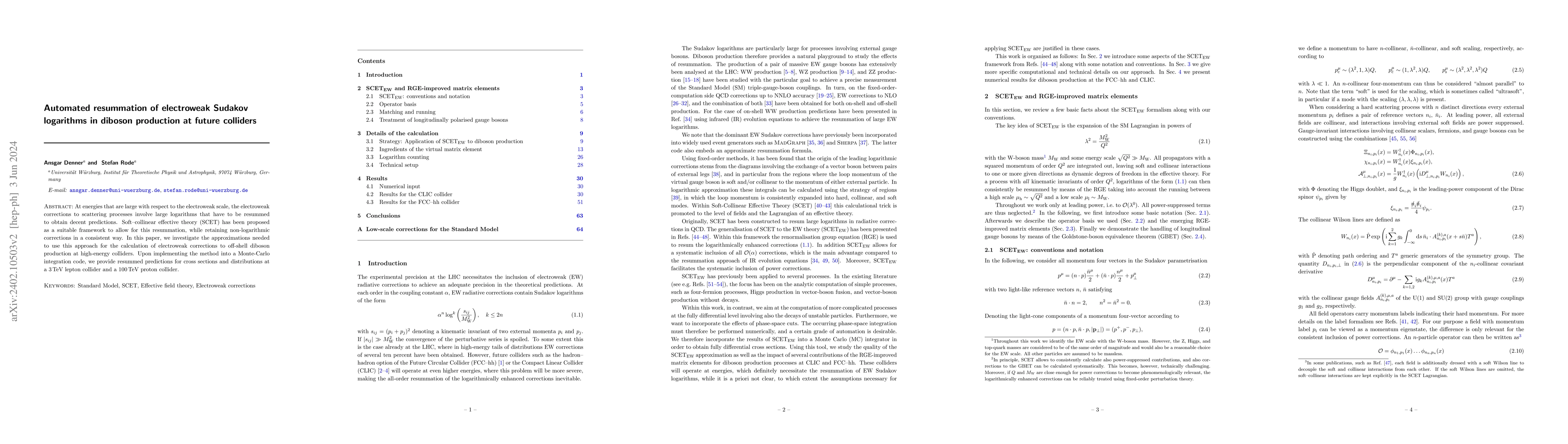 Thumbnail for Automated resummation of electroweak Sudakov logarithms in diboson
  production at future colliders