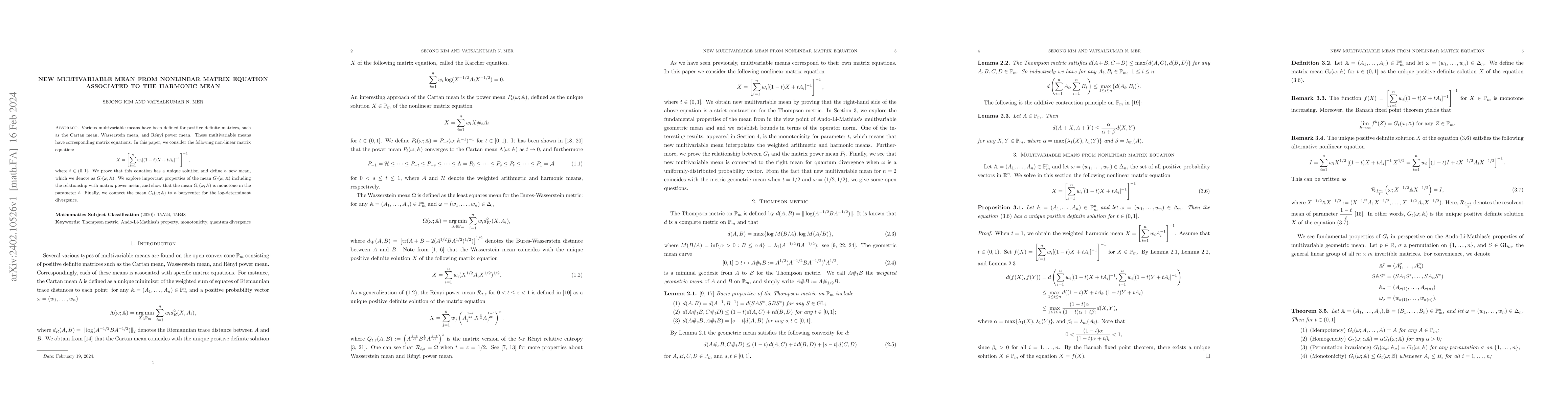 Thumbnail for New multivariable mean from nonlinear matrix equation associated to the
  harmonic mean