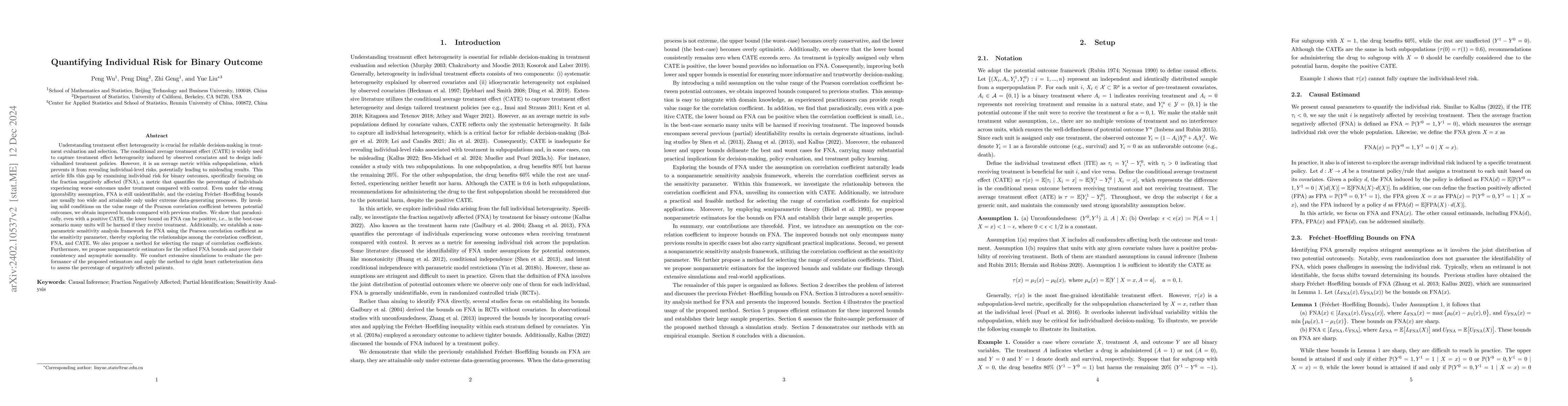 Thumbnail for Quantifying Individual Risk for Binary Outcome: Bounds and Inference