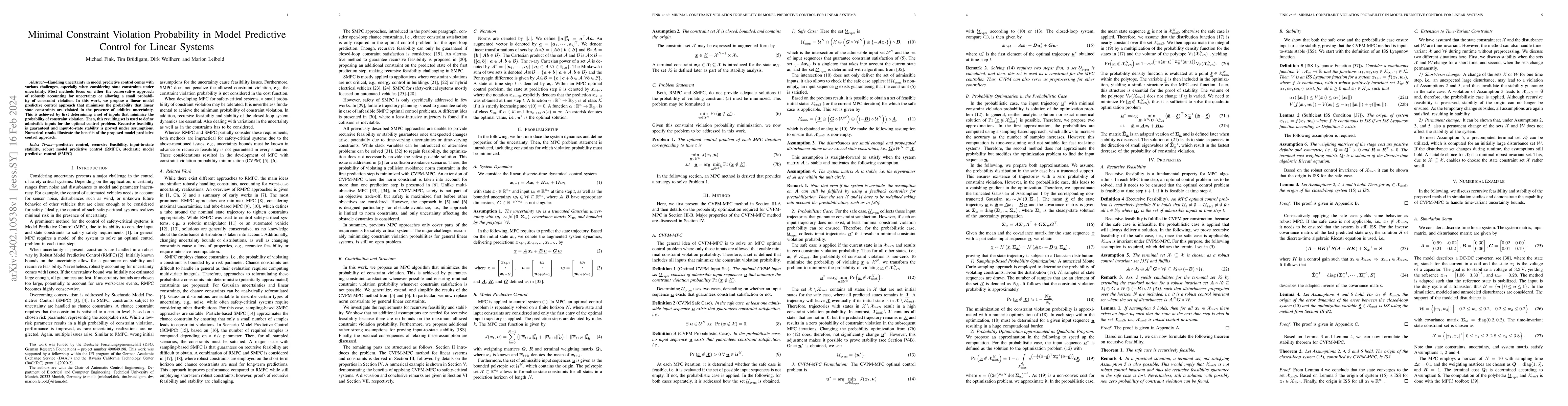 Thumbnail for Minimal Constraint Violation Probability in Model Predictive Control for
  Linear Systems
