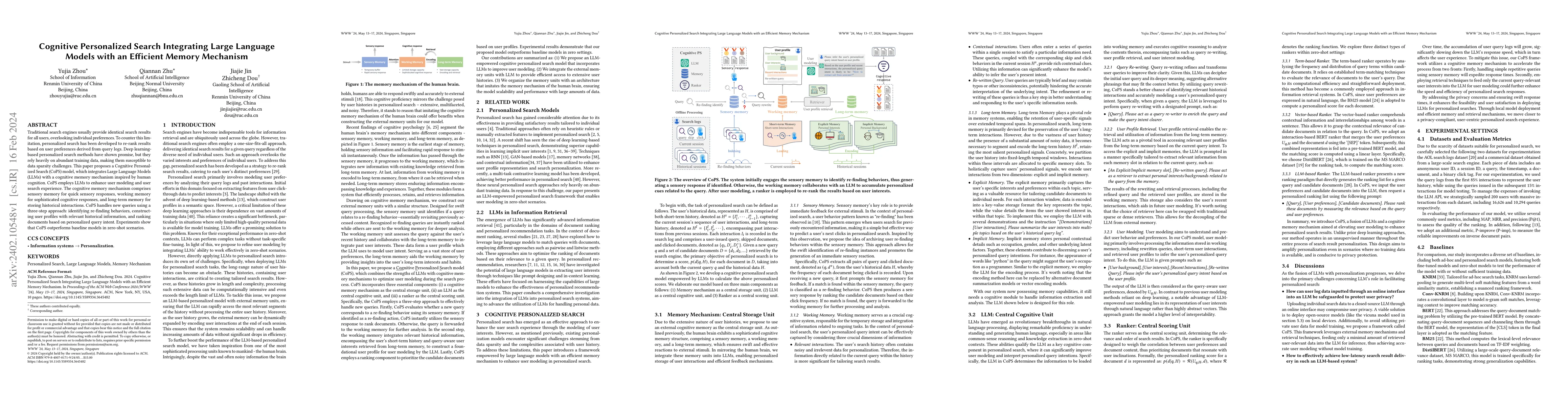 Thumbnail for Cognitive Personalized Search Integrating Large Language Models with an
  Efficient Memory Mechanism