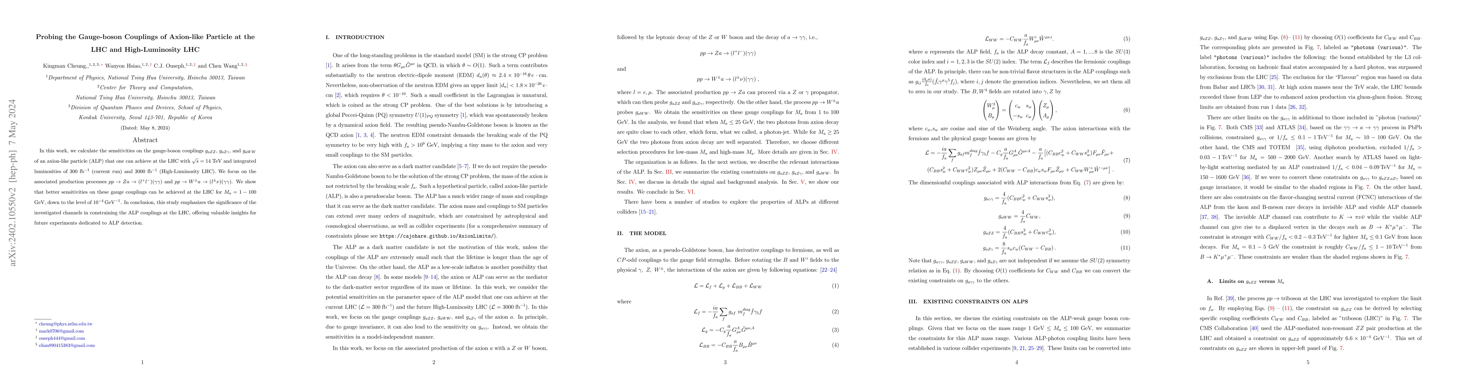 Thumbnail for Probing the Gauge-boson Couplings of Axion-like Particle at the LHC and
  High-Luminosity LHC