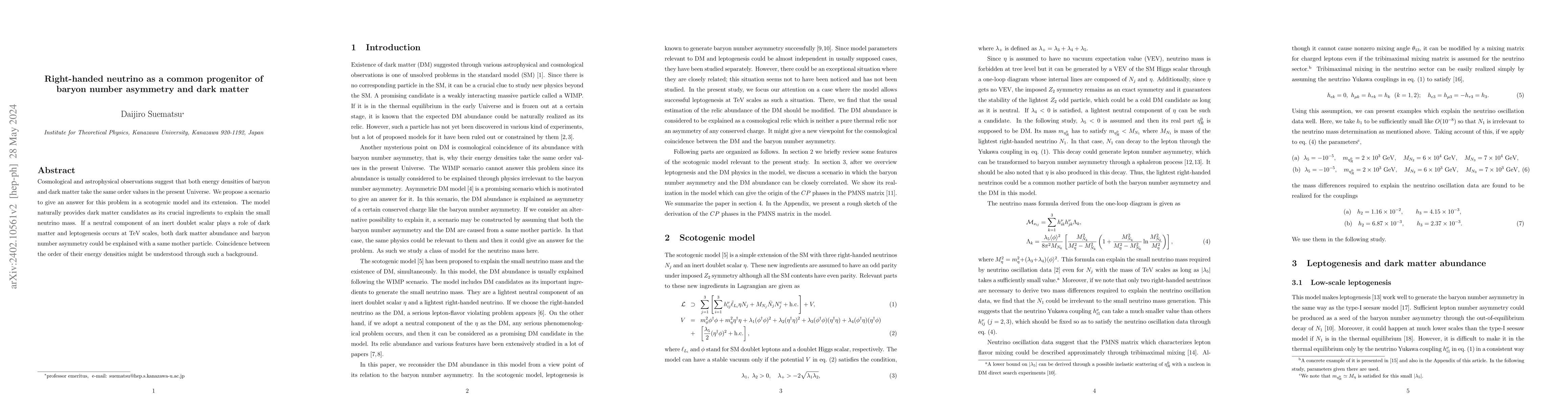 Thumbnail for Right-handed neutrino as a common progenitor of baryon number asymmetry
  and dark matter
