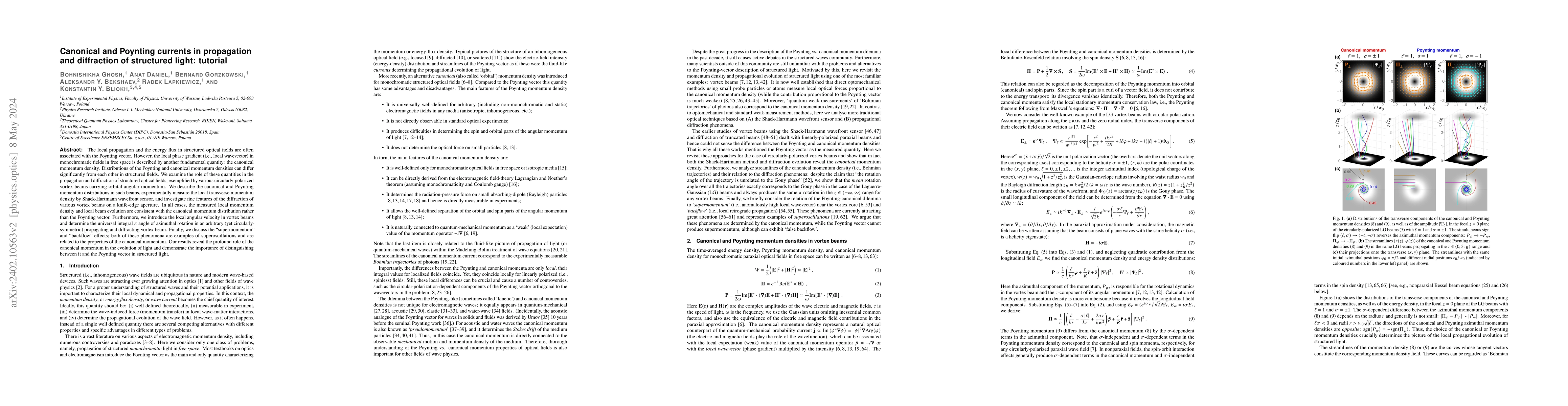 Thumbnail for Canonical and Poynting currents in propagation and diffraction of
  structured light: tutorial