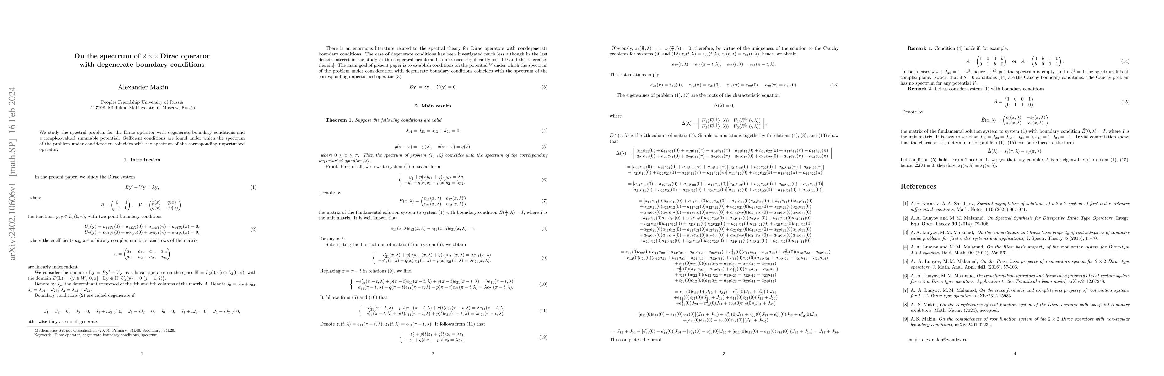 Thumbnail for On the spectrum of $2\times 2$ Dirac operator with degenerate boundary
  conditions