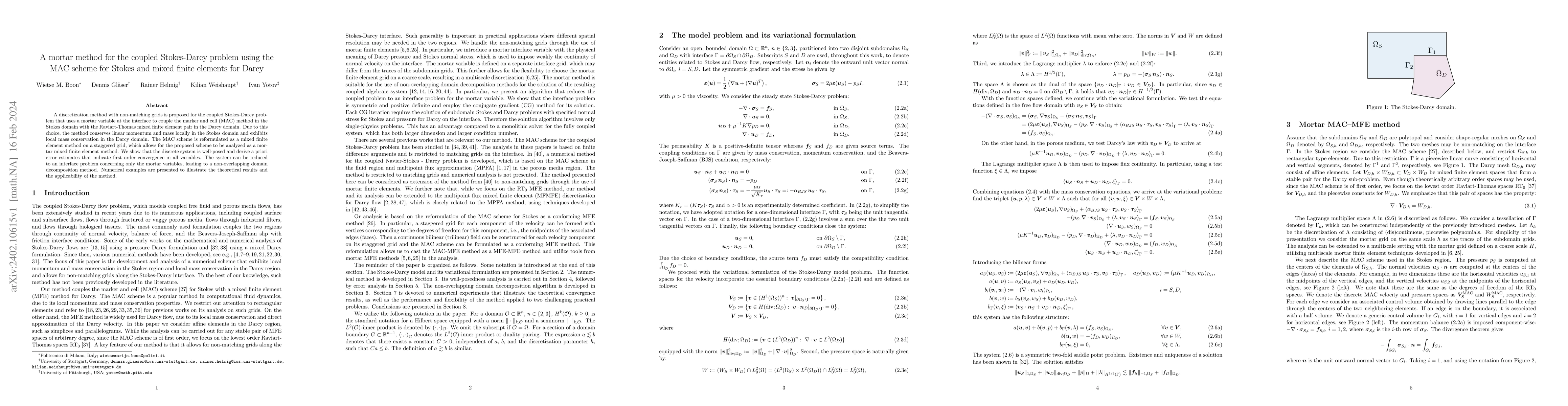 Thumbnail for A mortar method for the coupled Stokes-Darcy problem using the MAC
  scheme for Stokes and mixed finite elements for Darcy