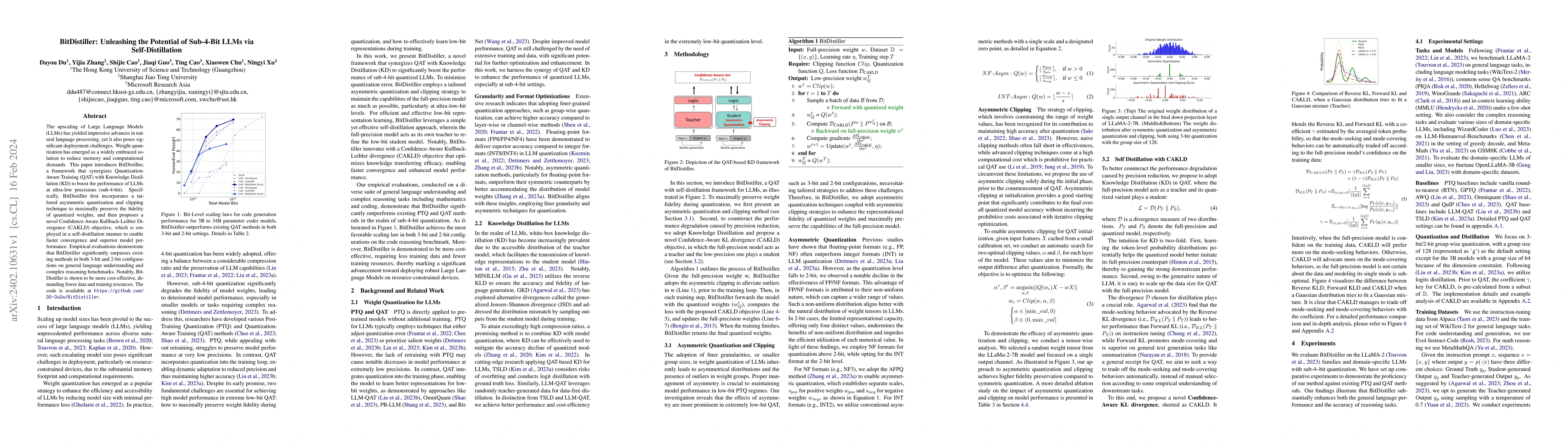 Thumbnail for BitDistiller: Unleashing the Potential of Sub-4-Bit LLMs via
  Self-Distillation