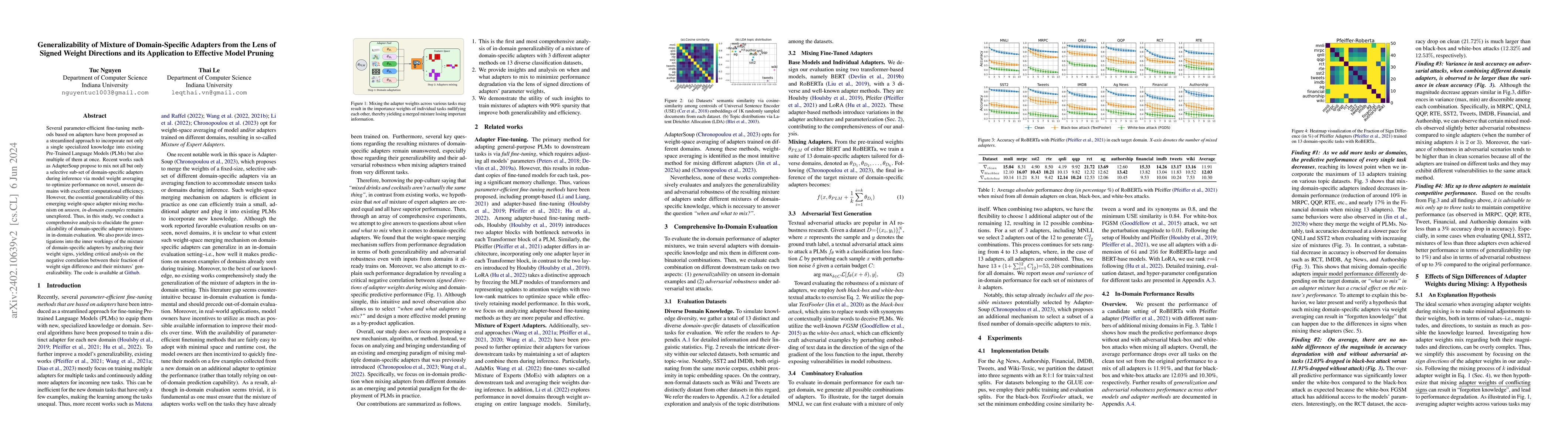 Thumbnail for Generalizability of Mixture of Domain-Specific Adapters from the Lens of
  Signed Weight Directions and its Application to Effective Model Pruning