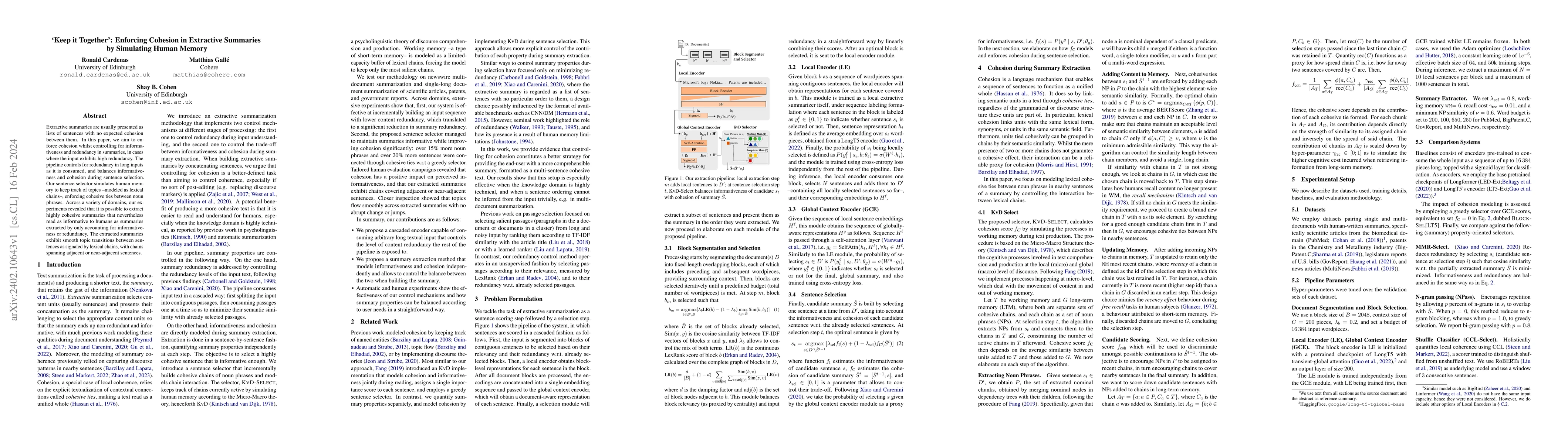 Thumbnail for `Keep it Together': Enforcing Cohesion in Extractive Summaries by
  Simulating Human Memory