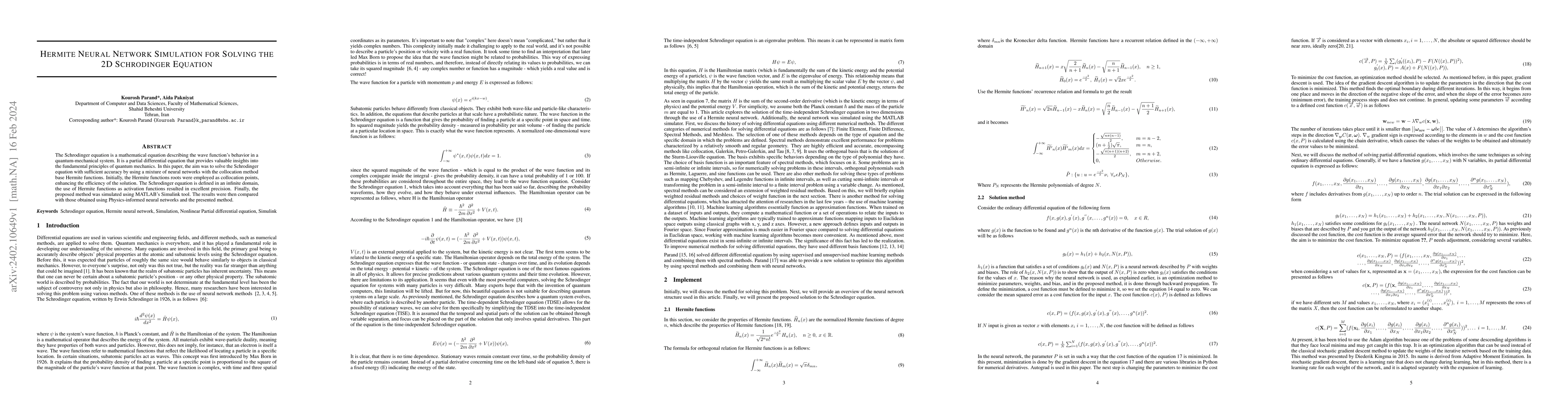 Thumbnail for Hermite Neural Network Simulation for Solving the 2D Schrodinger
  Equation