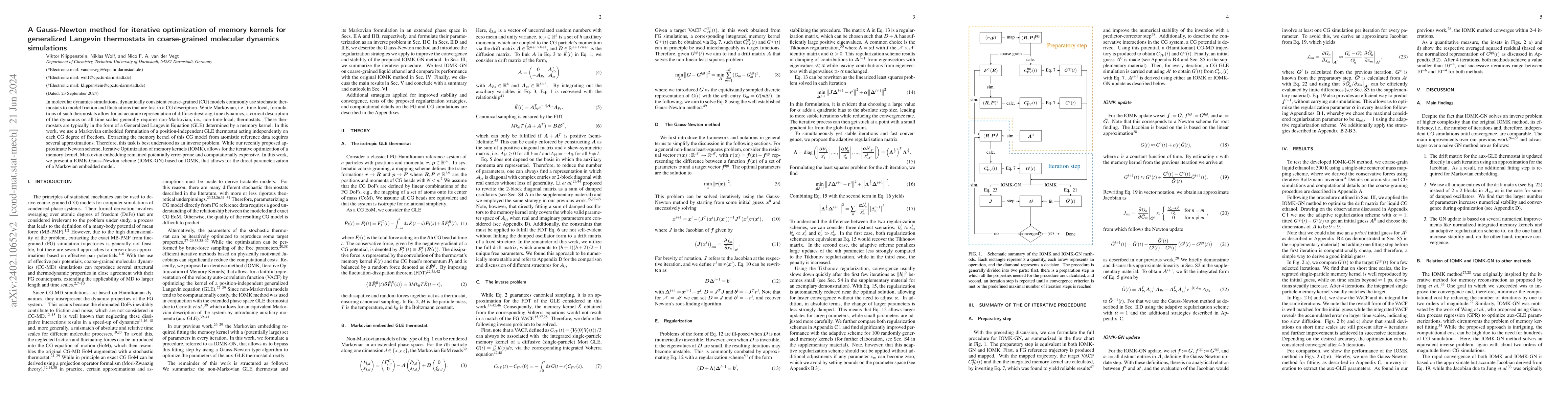 Thumbnail for A Gauss-Newton method for iterative optimization of memory kernels for
  generalized Langevin thermostats in coarse-grained molecular dynamics
  simulations