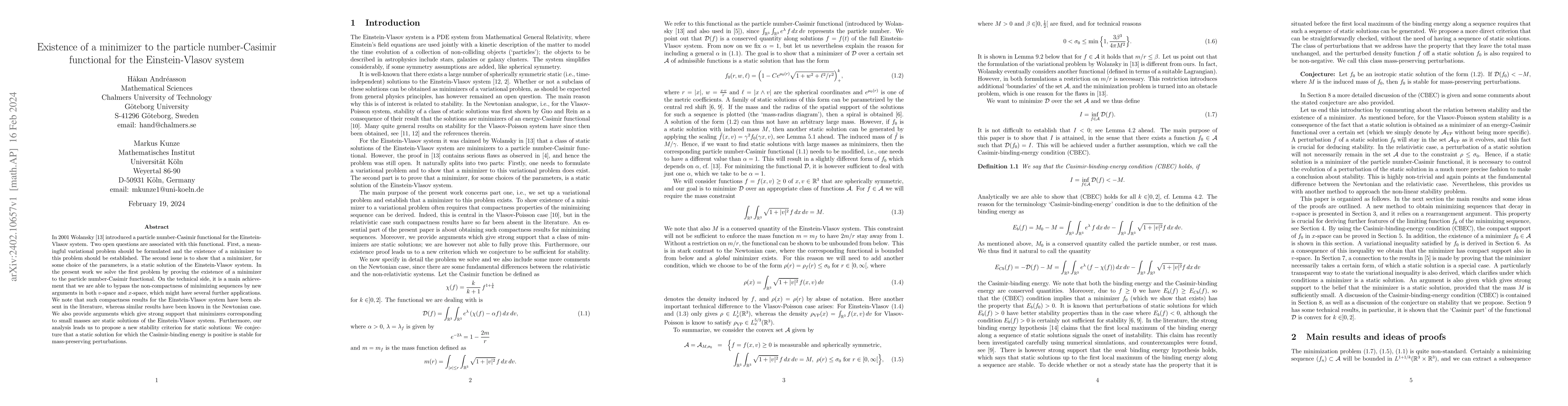 Thumbnail for Existence of a minimizer to the particle number-Casimir functional for
  the Einstein-Vlasov system