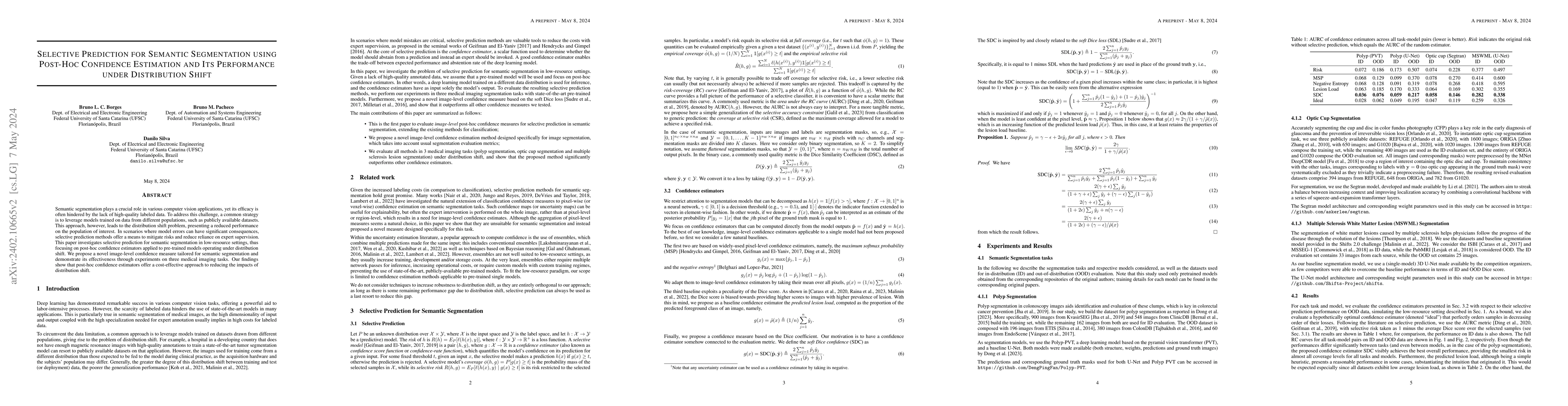 Thumbnail for Selective Prediction for Semantic Segmentation using Post-Hoc Confidence
  Estimation and Its Performance under Distribution Shift