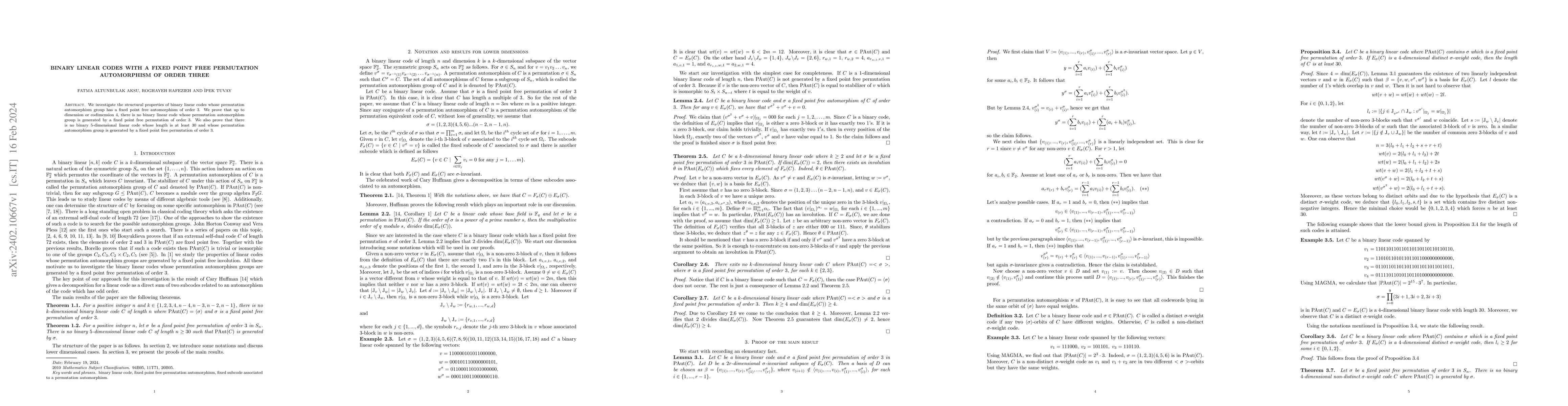 Thumbnail for Binary linear codes with a fixed point free permutation automorphism of
  order three