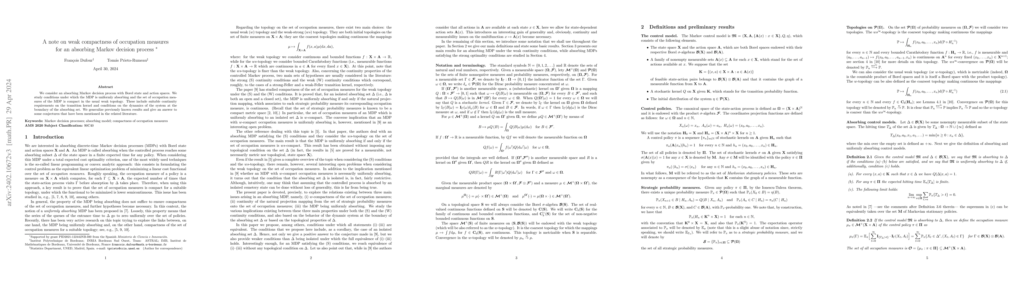 Thumbnail for A note on weak compactness of occupation measures for an absorbing
  Markov decision process
