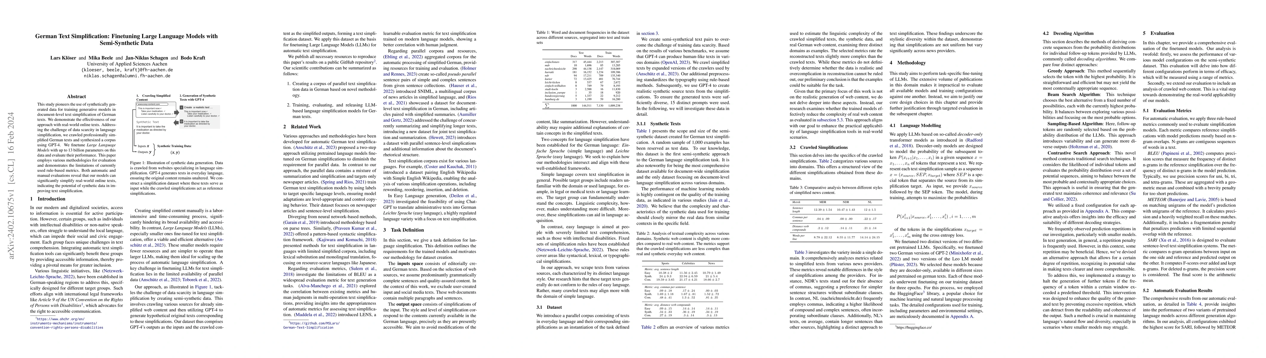 Thumbnail for German Text Simplification: Finetuning Large Language Models with
  Semi-Synthetic Data