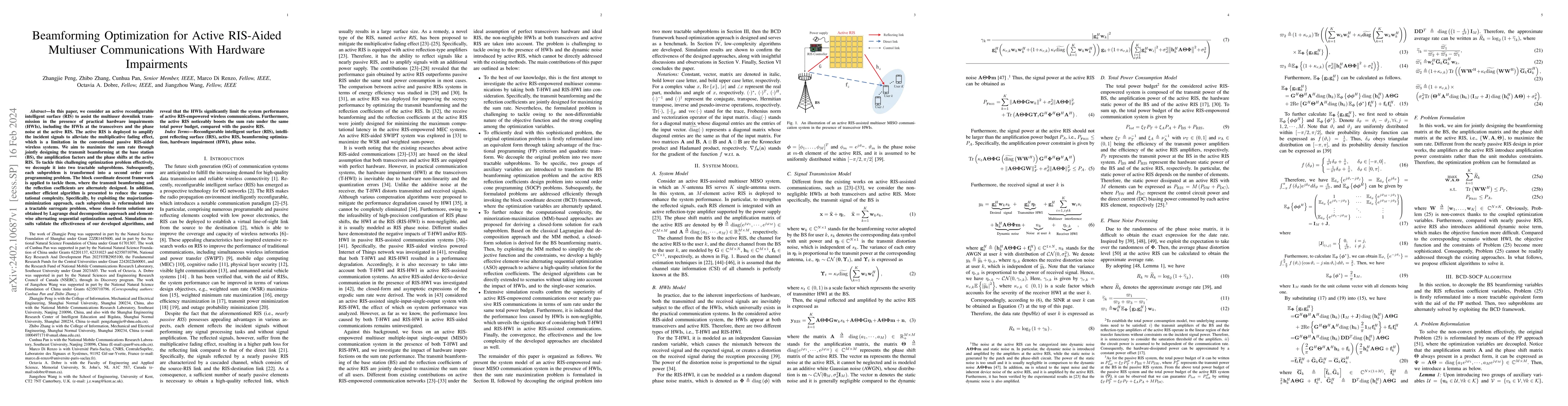 Thumbnail for Beamforming Optimization for Active RIS-Aided Multiuser Communications
  With Hardware Impairments