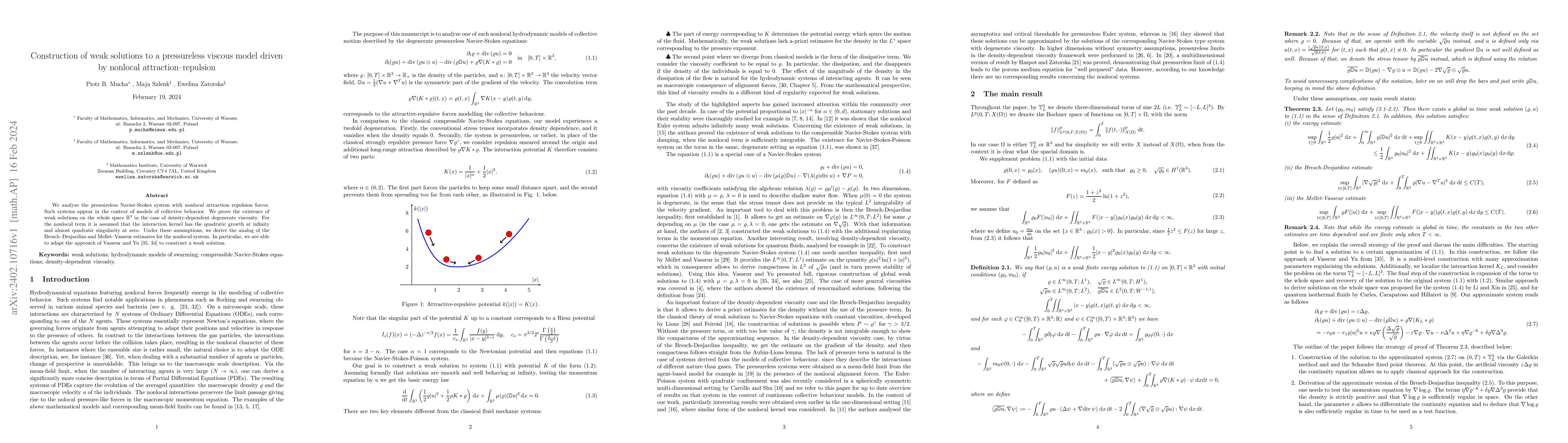 Thumbnail for Construction of weak solutions to a pressureless viscous model driven by
  nonlocal attraction-repulsion