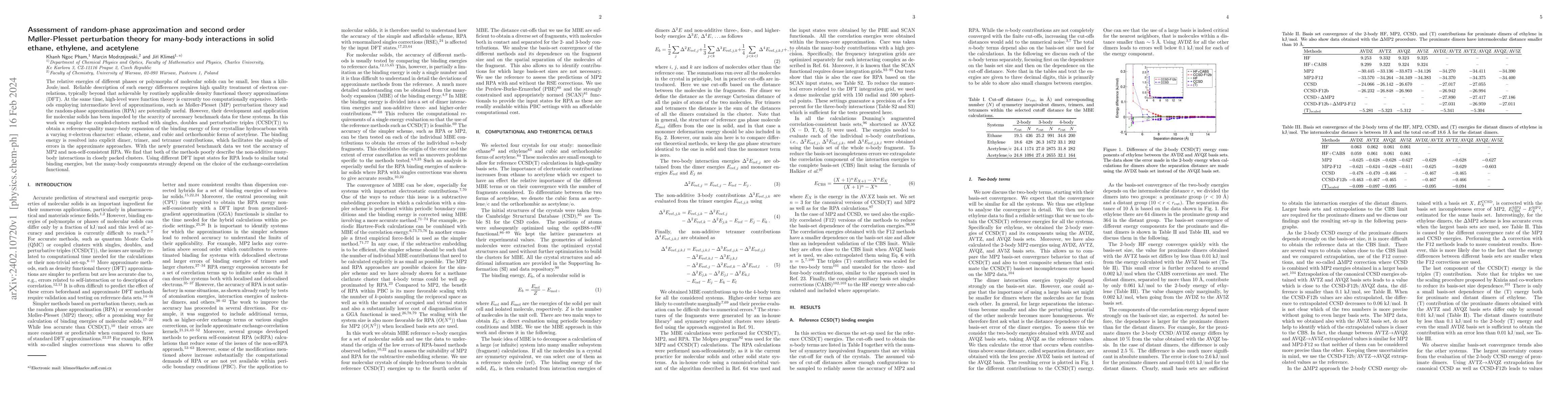 Thumbnail for Assessment of random-phase approximation and second order
  M{\o}ller-Plesset perturbation theory for many-body interactions in solid
  ethane, ethylene, and acetylene