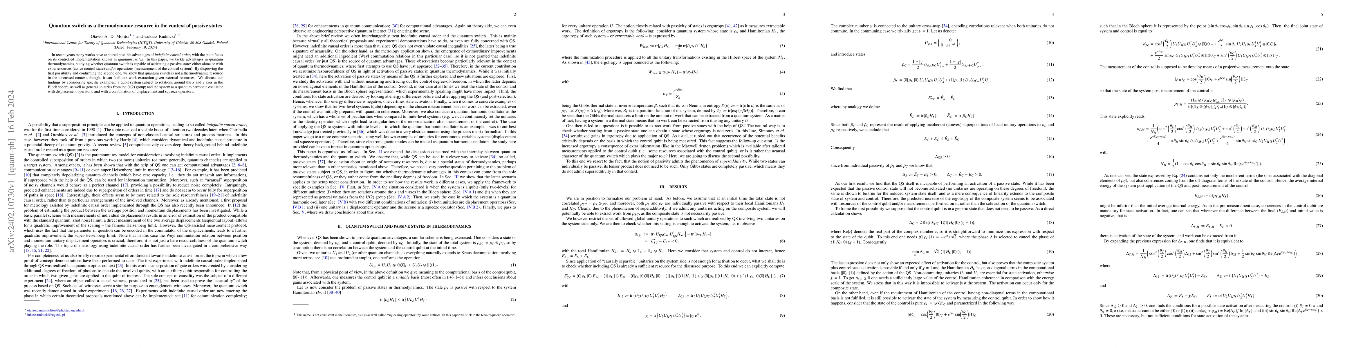 Thumbnail for Quantum switch as a thermodynamic resource in the context of passive
  states