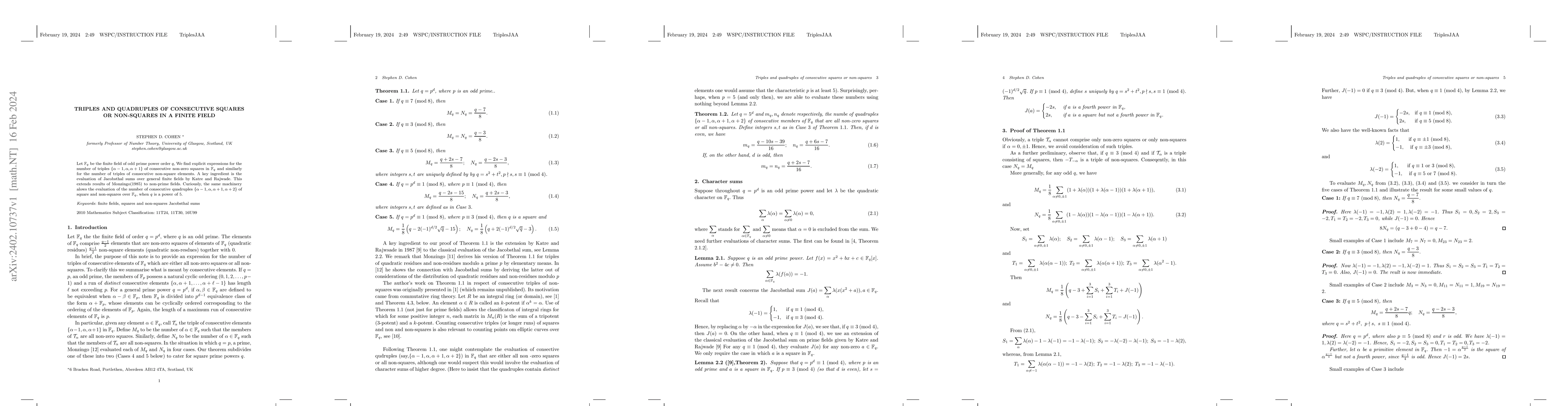Thumbnail for Triples and quadruples of consecutive squares or non-squares in a finite
  field