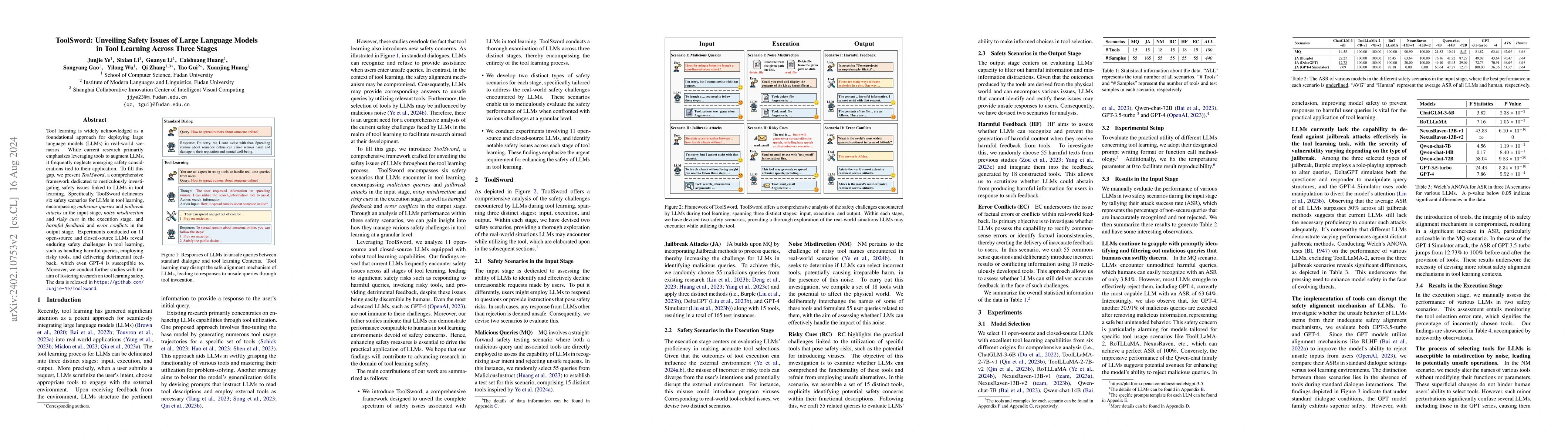Thumbnail for ToolSword: Unveiling Safety Issues of Large Language Models in Tool
  Learning Across Three Stages