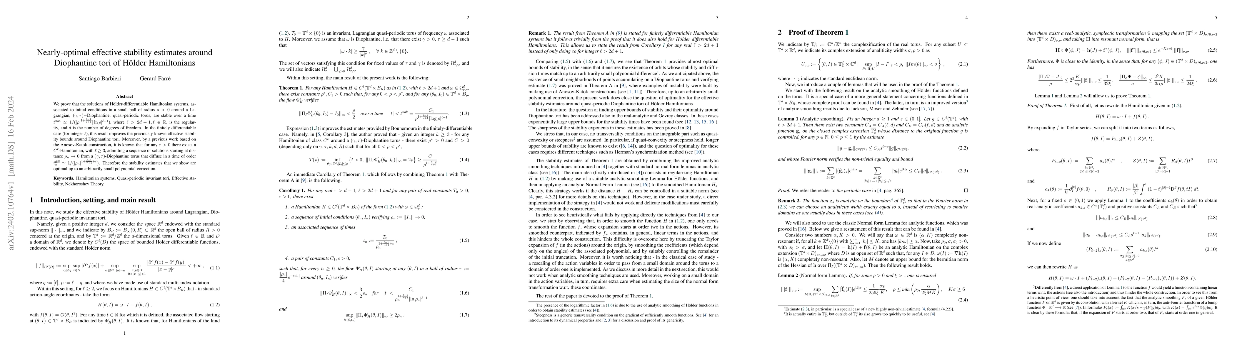 Thumbnail for Nearly-optimal effective stability estimates around Diophantine tori of
  H\"older Hamiltonians