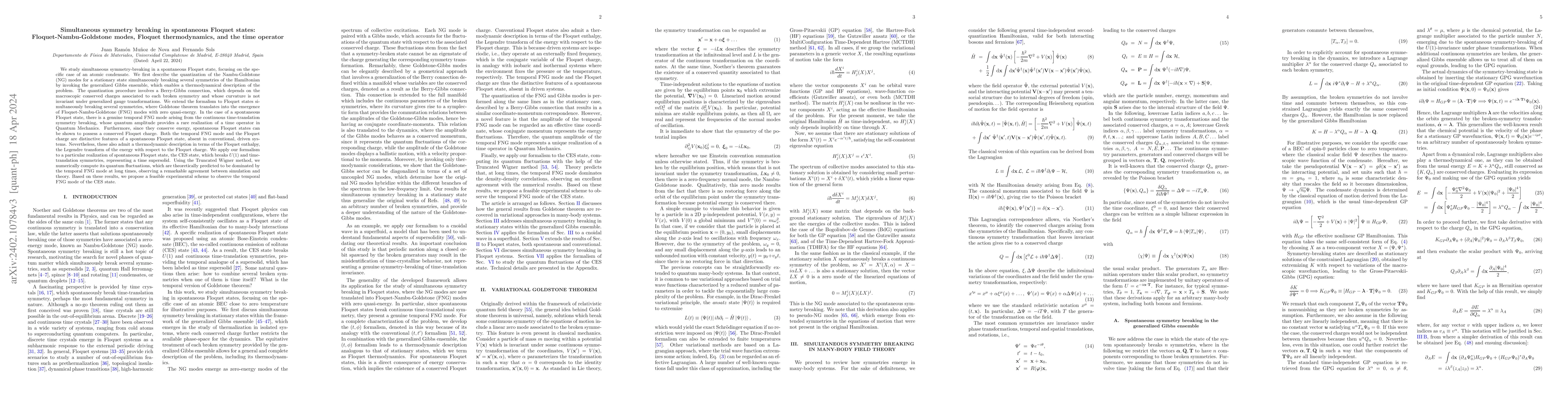 Thumbnail for Simultaneous symmetry breaking in spontaneous Floquet states:
  Floquet-Nambu-Goldstone modes, Floquet thermodynamics, and the time operator