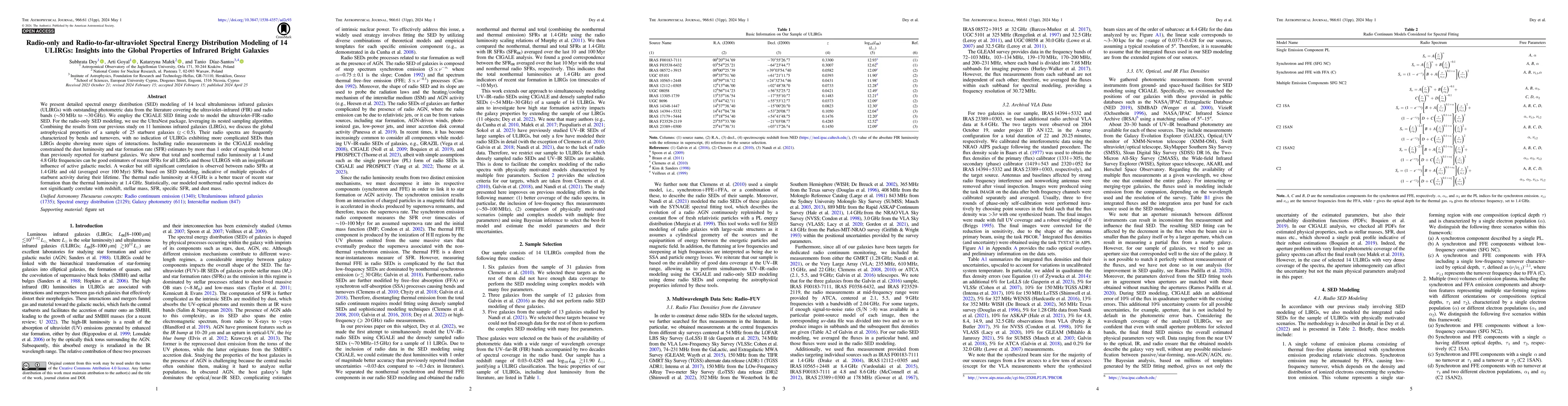 Thumbnail for Radio-only and Radio-to-far-ultraviolet Spectral Energy Distribution
  Modeling of 14 ULIRGs: Insights into the Global Properties of Infrared Bright
  Galaxies