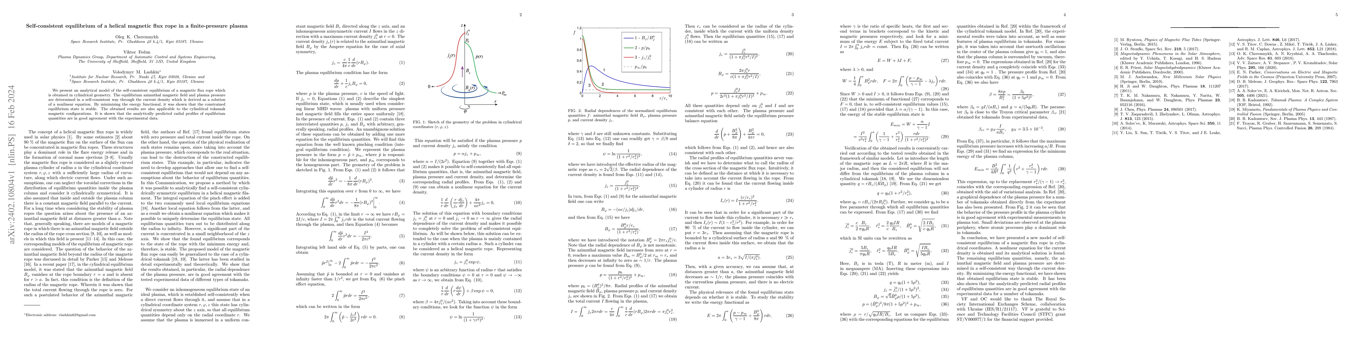Thumbnail for Self-consistent equilibrium of a helical magnetic flux rope in a
  finite-pressure plasma