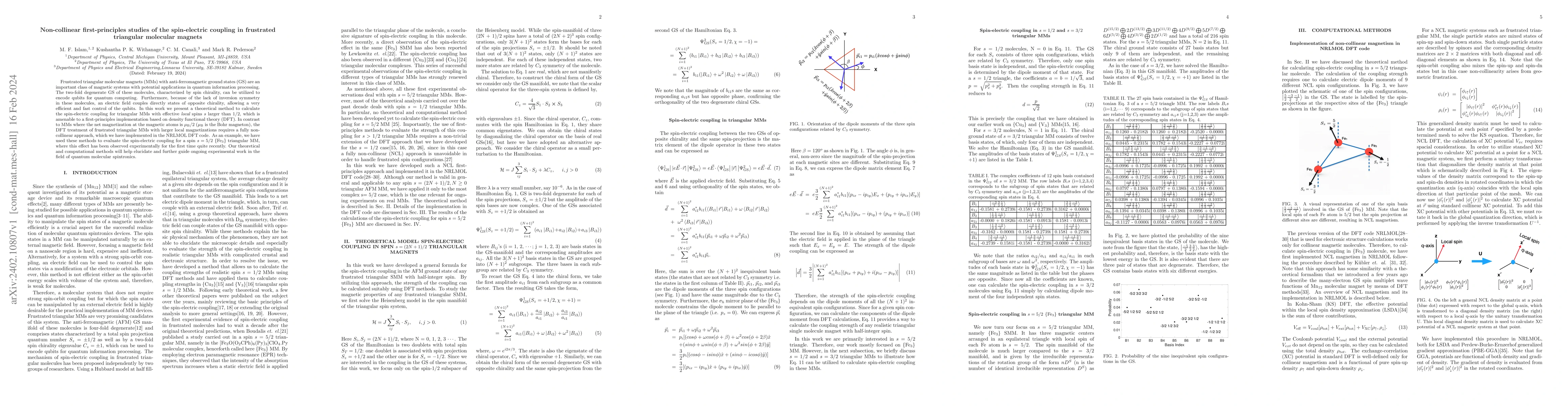 Thumbnail for Non-collinear first-principles studies of the spin-electric coupling in
  frustrated triangular molecular magnets