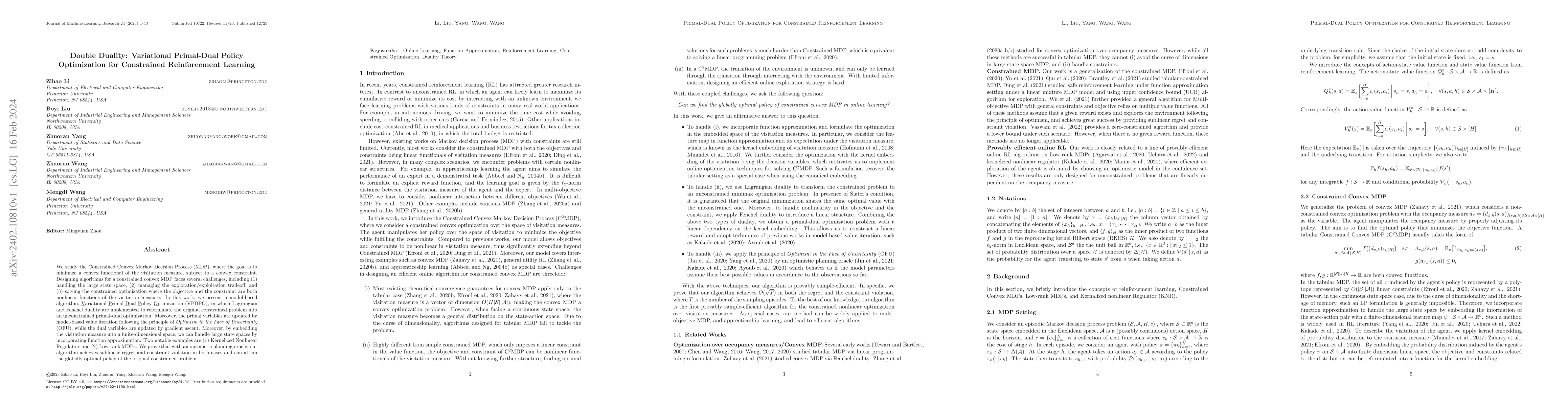 Thumbnail for Double Duality: Variational Primal-Dual Policy Optimization for
  Constrained Reinforcement Learning