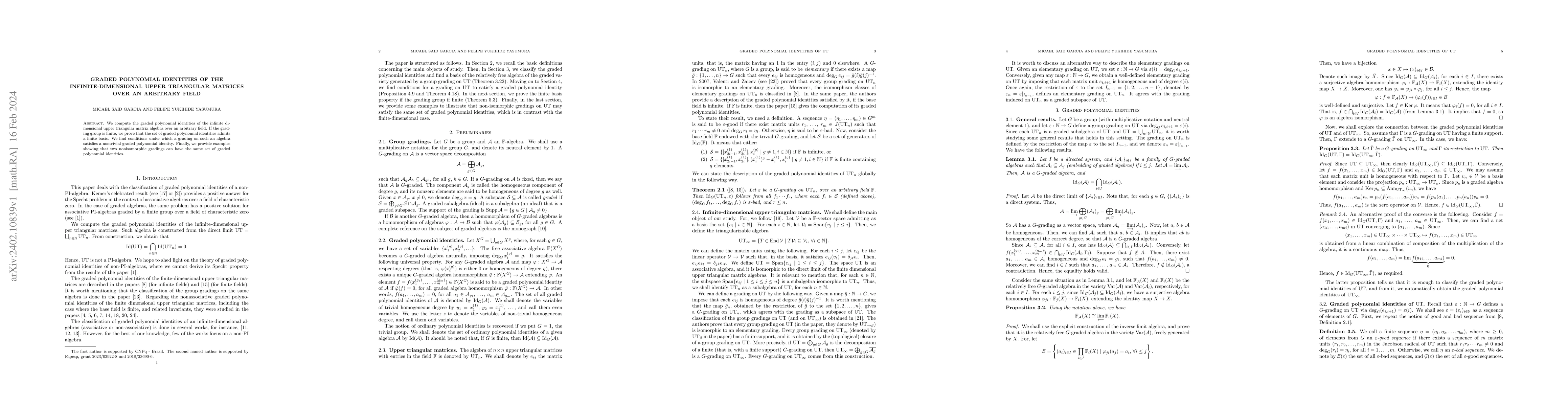 Thumbnail for Graded polynomial identities of the infinite-dimensional upper
  triangular matrices over an arbitrary field