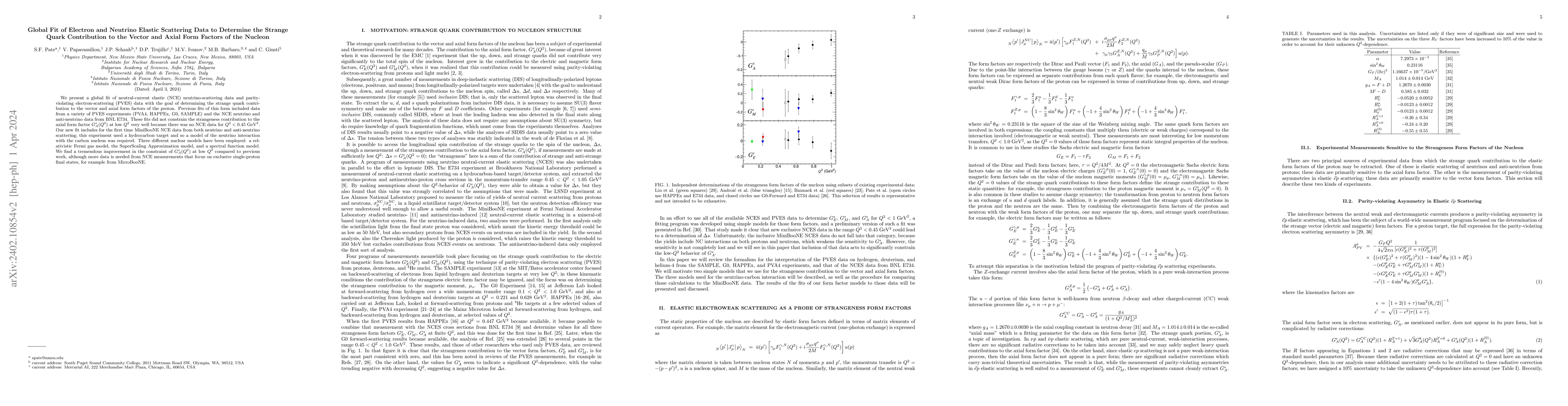 Thumbnail for Global Fit of Electron and Neutrino Elastic Scattering Data to Determine
  the Strange Quark Contribution to the Vector and Axial Form Factors of the
  Nucleon