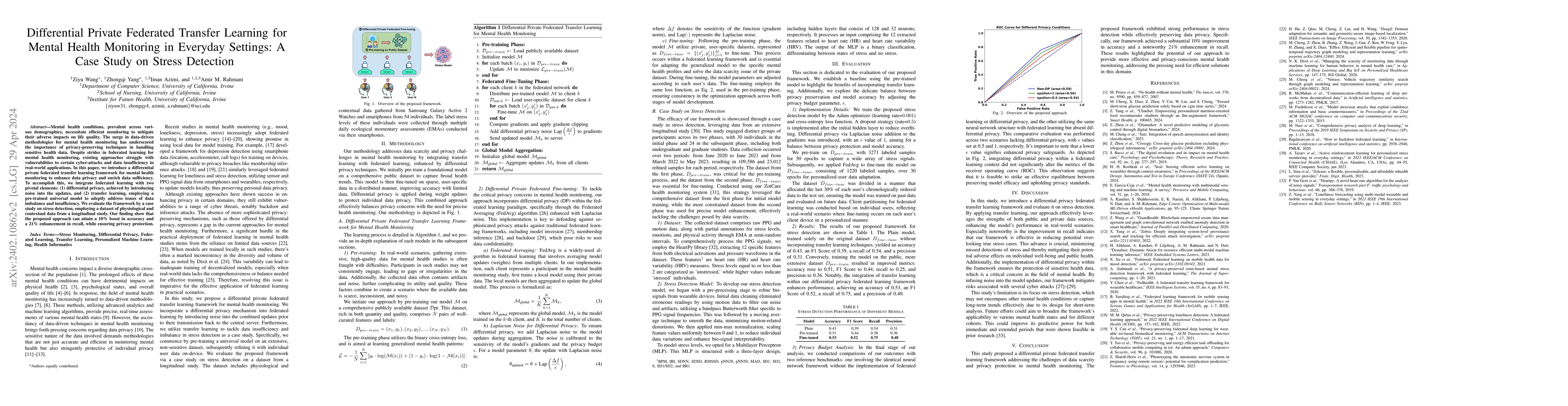Thumbnail for Differential Private Federated Transfer Learning for Mental Health
  Monitoring in Everyday Settings: A Case Study on Stress Detection