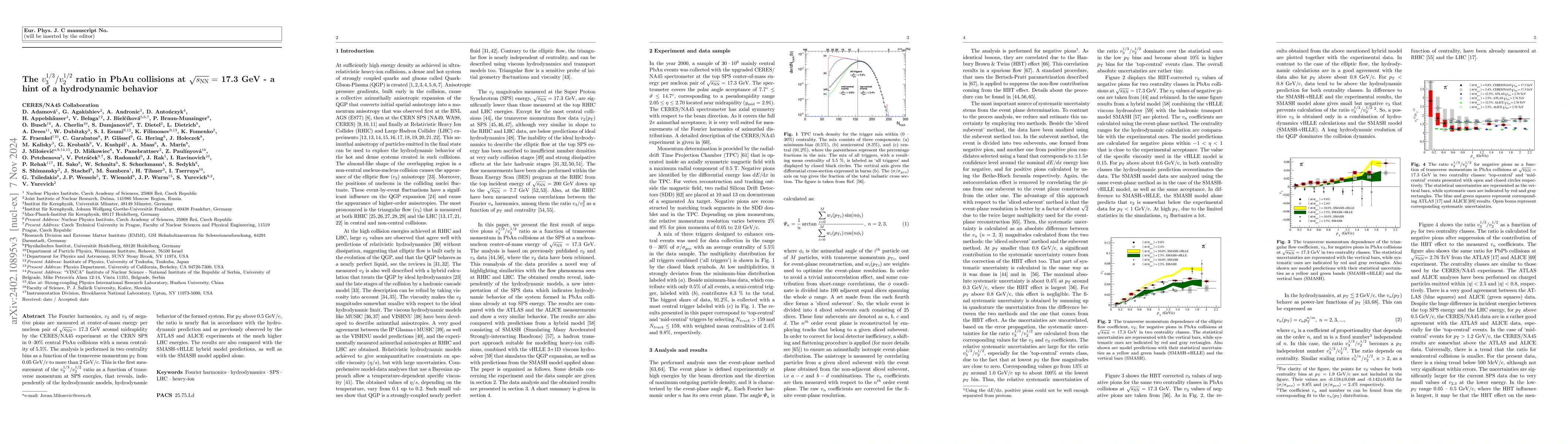 Thumbnail for The $v^{1/3}_{3}/v^{1/2}_{2}$ ratio in PbAu collisions at
  $\sqrt{s_{\mathrm{NN}}} = $ 17.3 GeV -- a hint of a hydrodynamic behavior