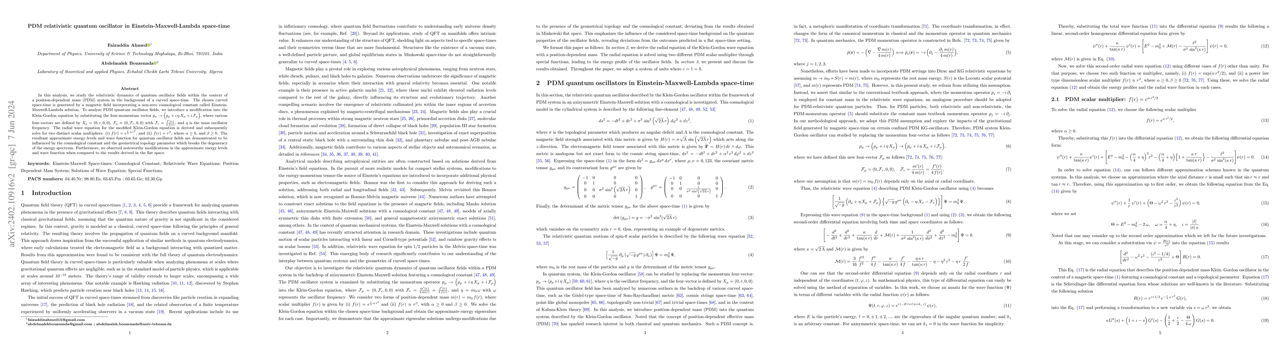 Thumbnail for PDM relativistic quantum oscillator in Einstein-Maxwell-Lambda
  space-time