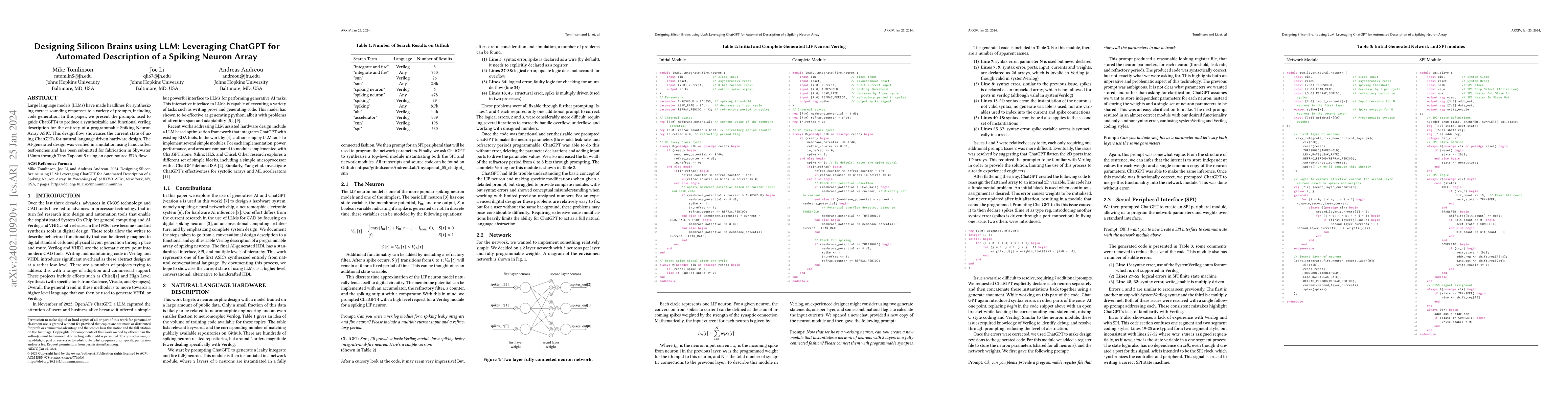 Thumbnail for Designing Silicon Brains using LLM: Leveraging ChatGPT for Automated
  Description of a Spiking Neuron Array