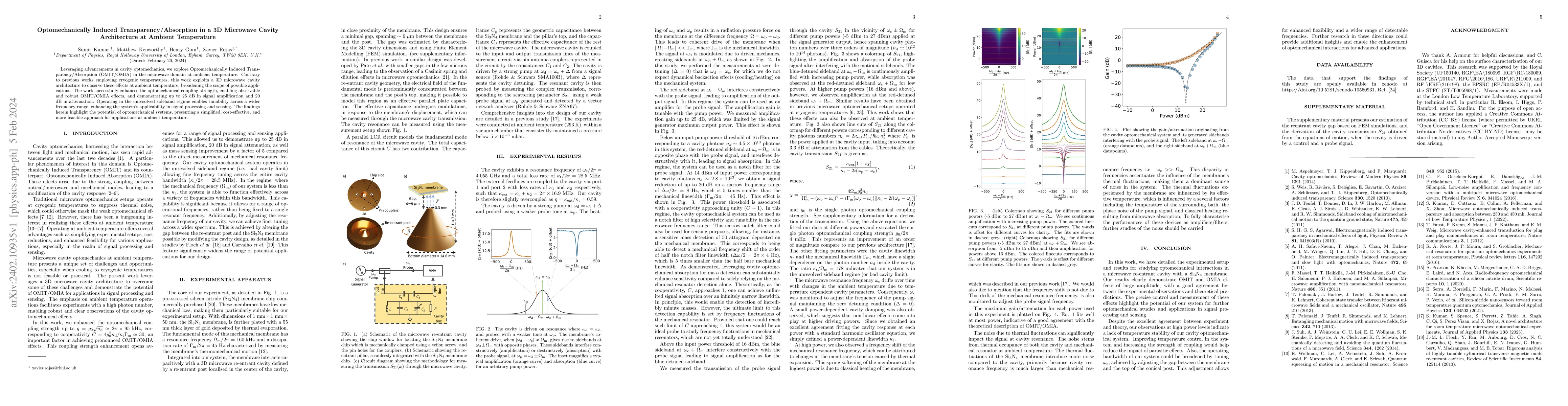 Thumbnail for Optomechanically Induced Transparency/Absorption in a 3D Microwave
  Cavity Architecture at Ambient Temperature