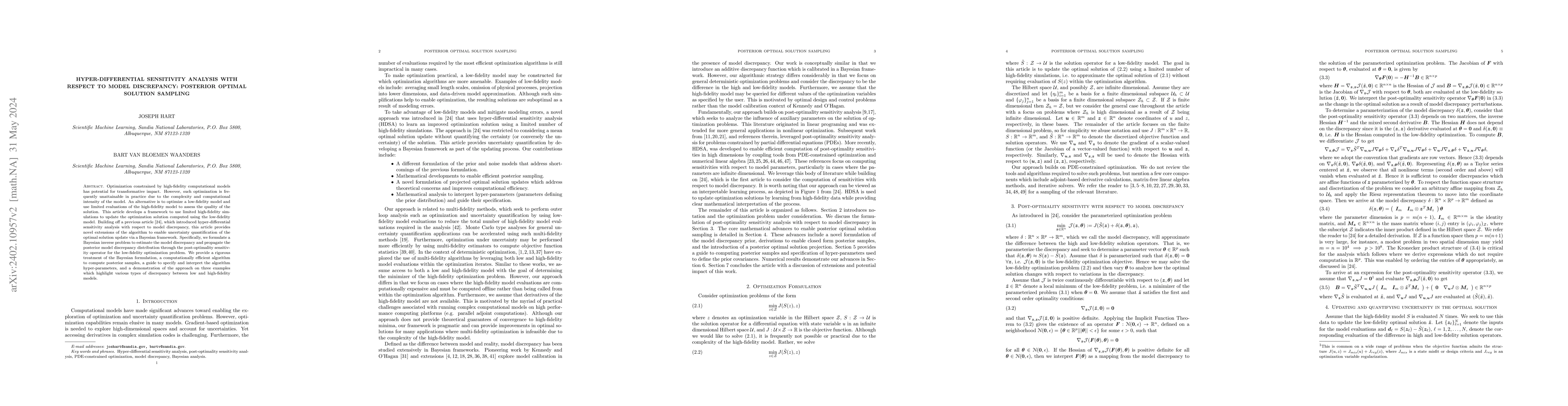 Thumbnail for Hyper-differential sensitivity analysis with respect to model
  discrepancy: Posterior Optimal Solution Sampling