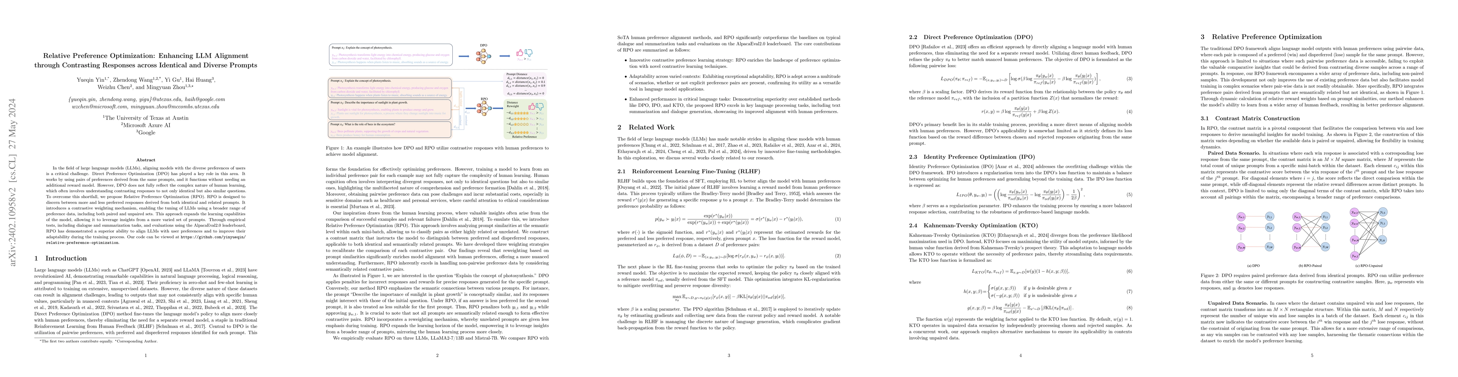 Thumbnail for Relative Preference Optimization: Enhancing LLM Alignment through
  Contrasting Responses across Identical and Diverse Prompts