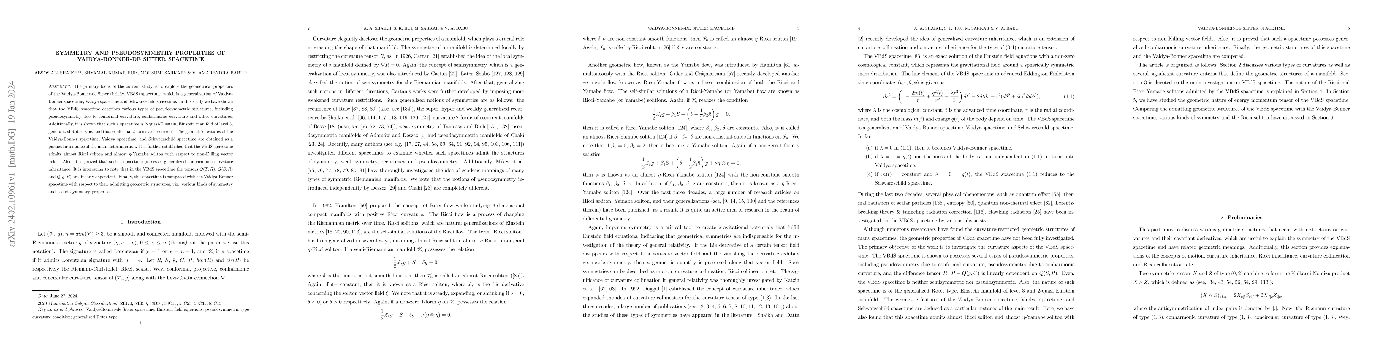 Thumbnail for Symmetry and pseudosymmetry properties of Vaidya-Bonner-de Sitter
  spacetime