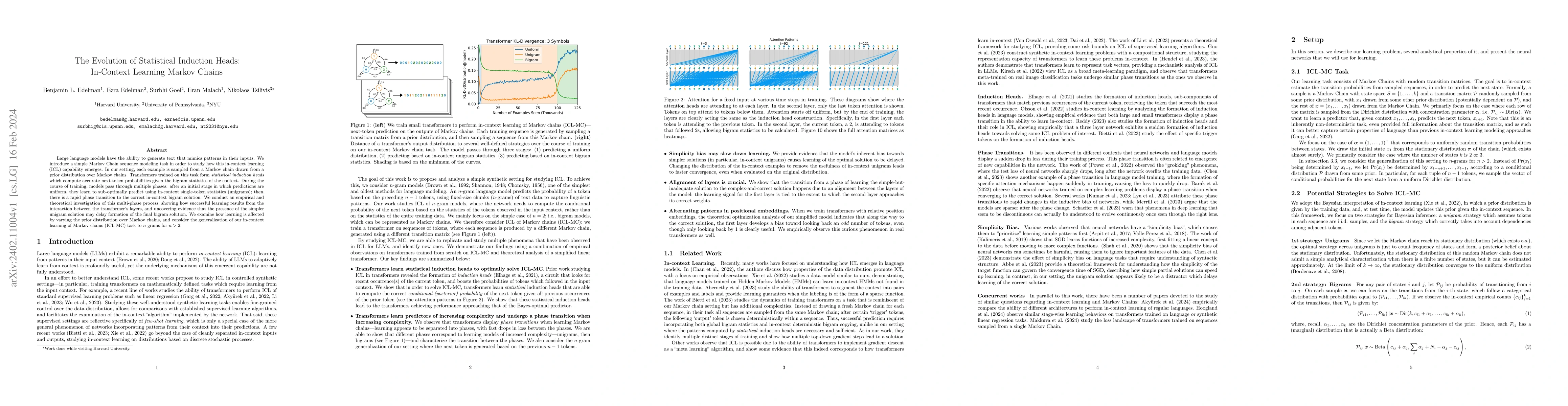 Thumbnail for The Evolution of Statistical Induction Heads: In-Context Learning Markov
  Chains