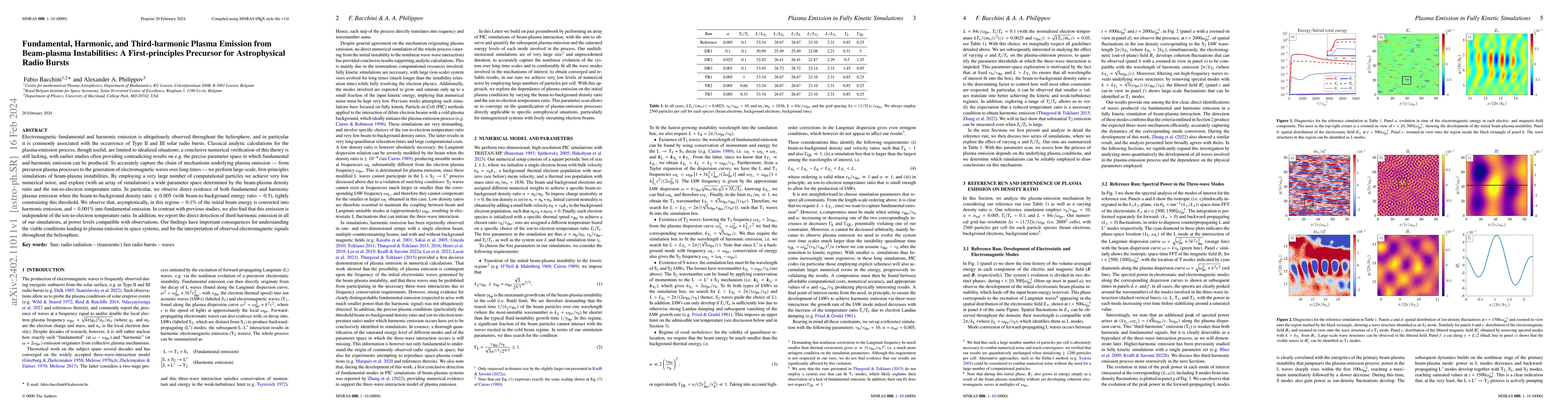 Thumbnail for Fundamental, Harmonic, and Third-harmonic Plasma Emission from
  Beam-plasma Instabilities: A First-principles Precursor for Astrophysical
  Radio Bursts